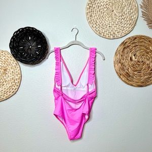 Hot Pink Low V Ruffle Back One Piece Swimsuit